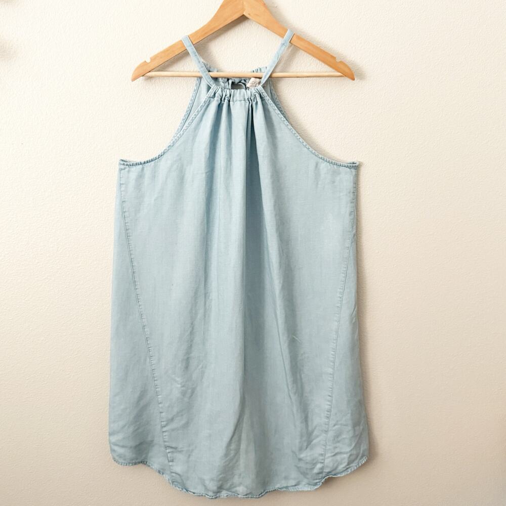 ANN TAYLOR LOFT | Chambray Denim Look Drawstring Neck Tie light Blue Mini |‎ XL
